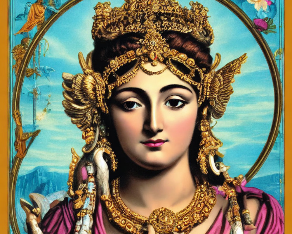 Elaborate Gold Headgear and Pink Garments on Deity Illustration