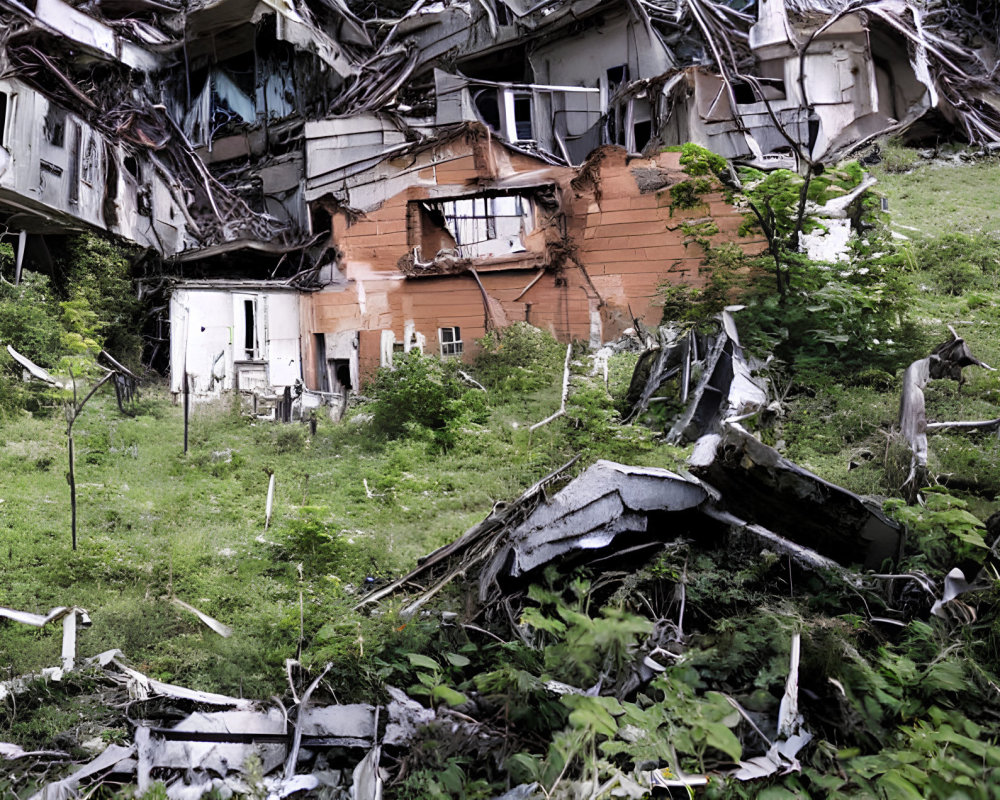 Decaying building with crumbling walls and overgrown vegetation