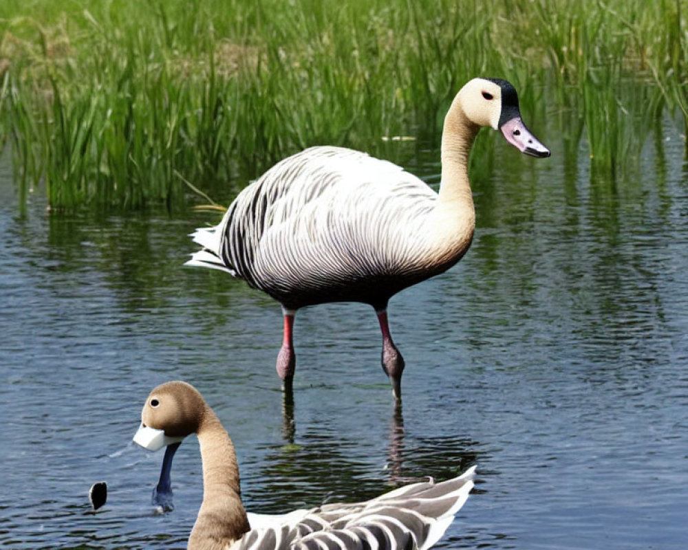 Ducks in Shallow Water and Swimming in Green Grass