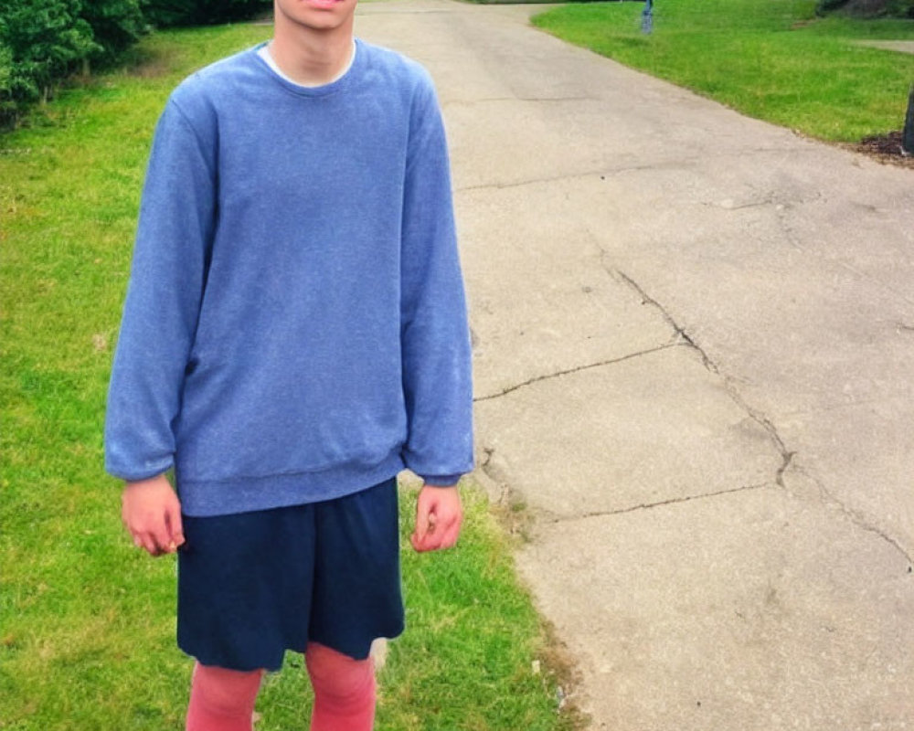 Person in Glasses Wearing Blue Sweater, Black Shorts, and Pink Socks