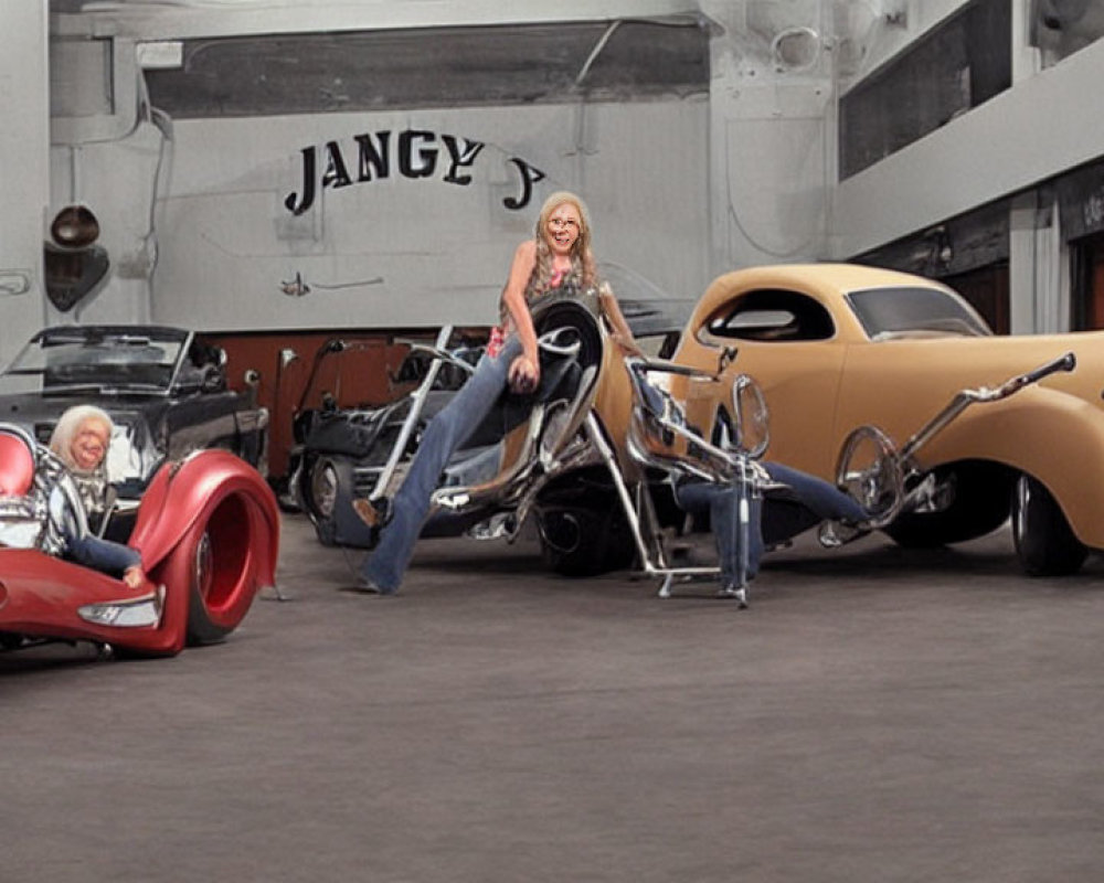 Custom motorcycles and hot rods in garage with "JANGY" sign