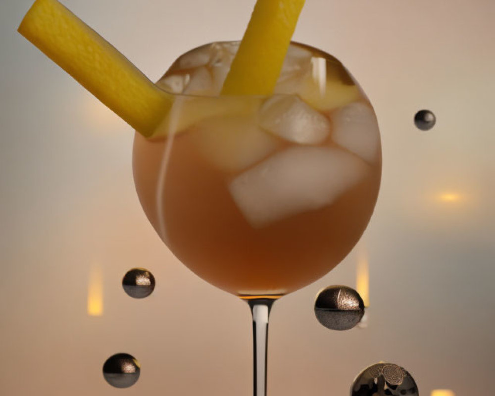 Stemmed glass cocktail with ice, lemon garnish, and metallic spheres on warm gradient background