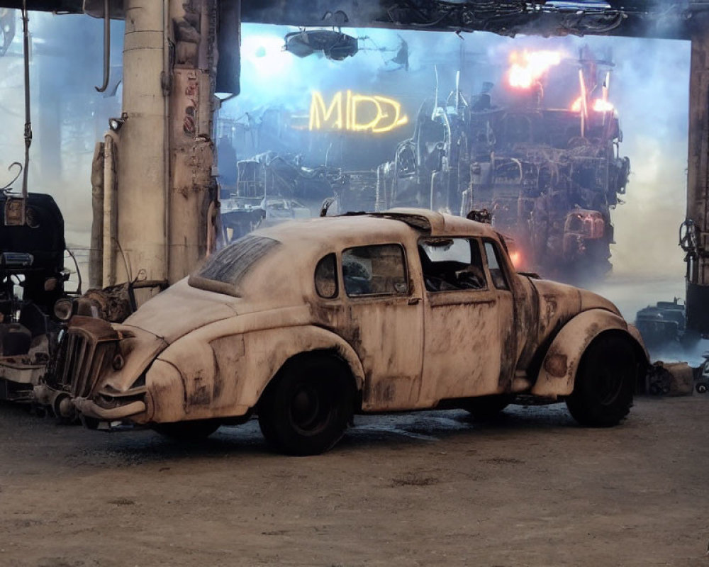 Vintage car in post-apocalyptic scene with industrial structures and glowing "MD" sign