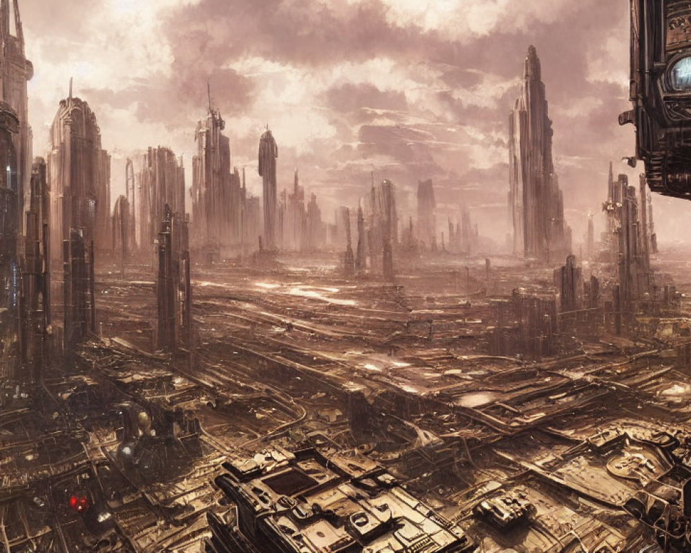 Futuristic dystopian cityscape with towering skyscrapers