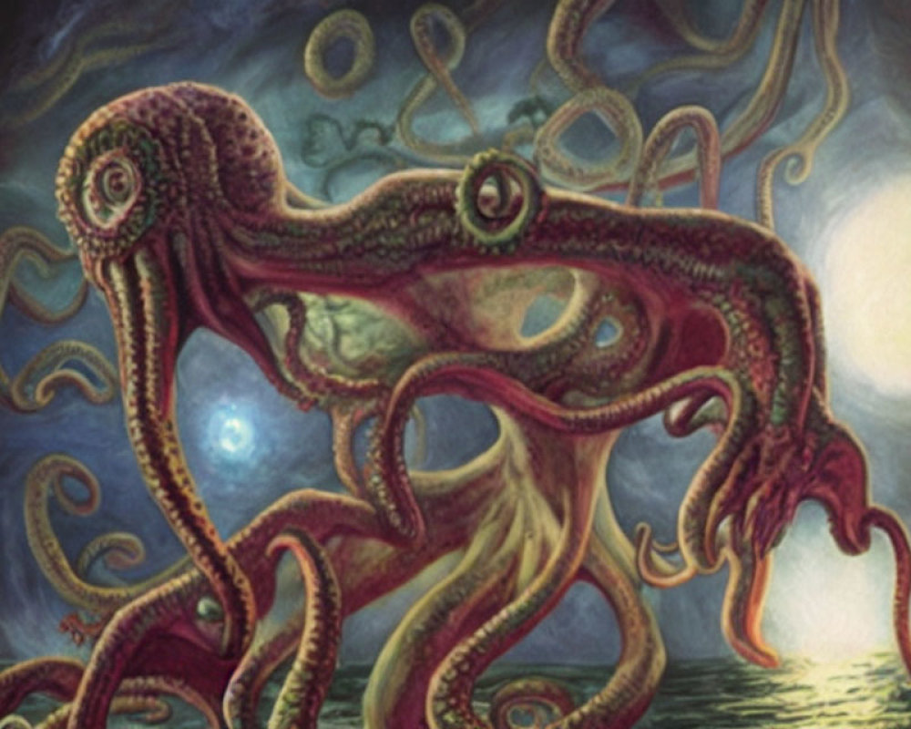 Detailed octopus illustration with intricate patterns in a moody setting.