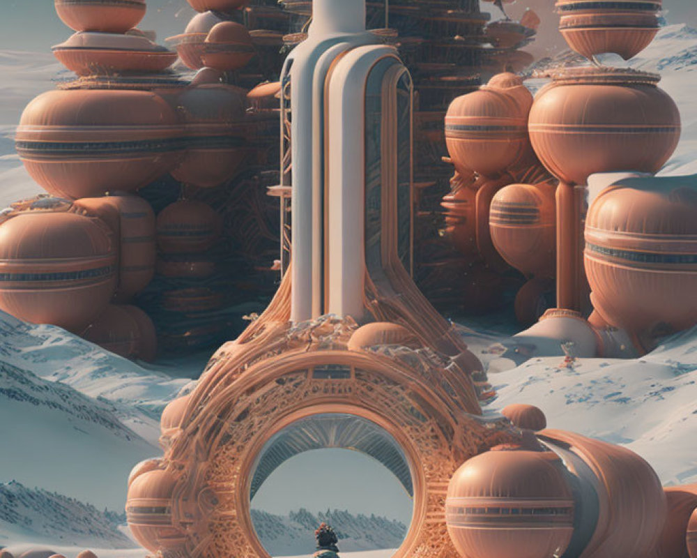 Person in winter coat at surreal circular architecture in snowy landscape