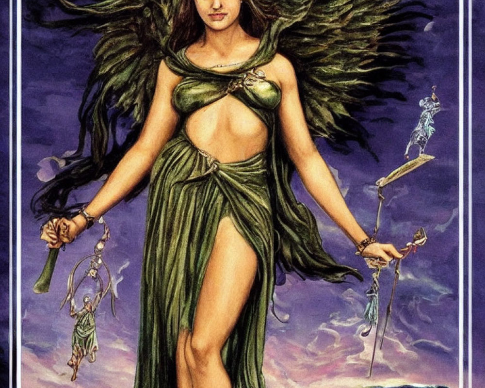 Fantasy female figure with wings, green dress, and golden headdress holding scepter and chains.