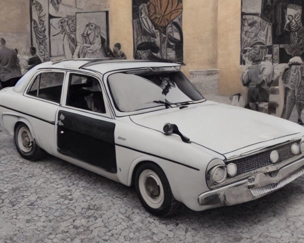 Monochrome vintage car in outdoor setting with art and people.