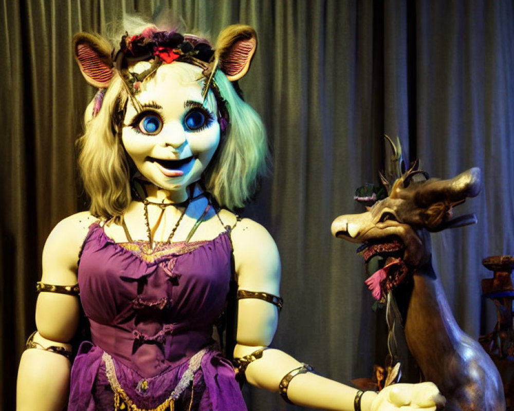 Anthropomorphic mouse and deer characters in purple dress, cartoonish features, staged setting