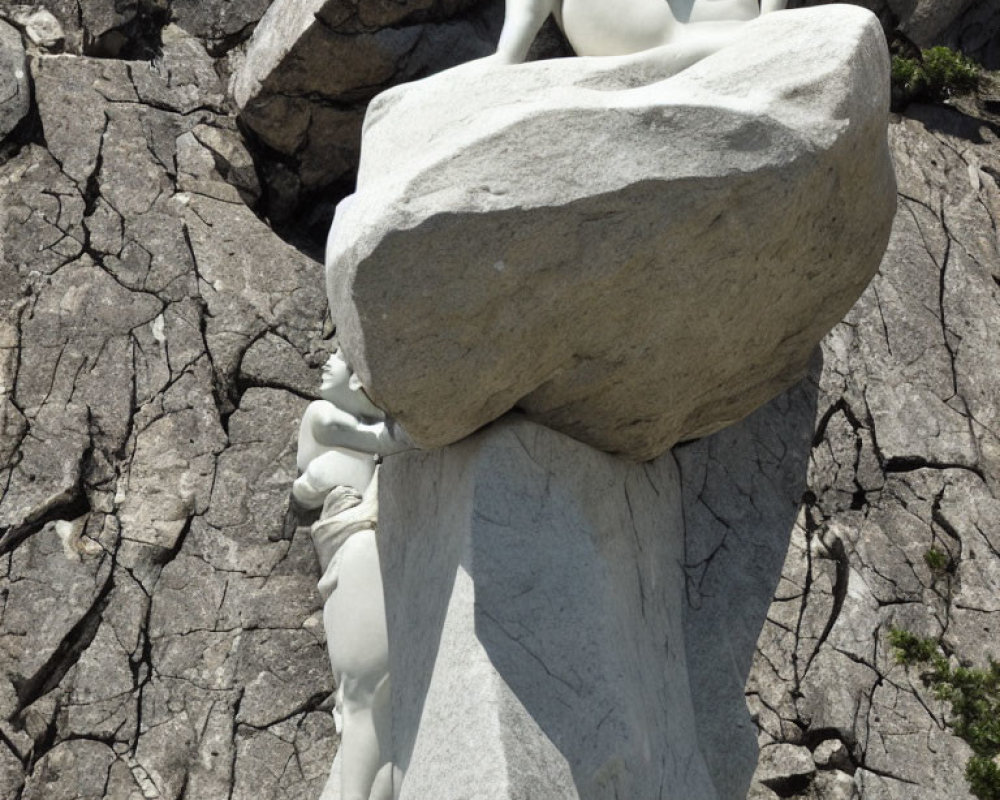 Sculptures of people supporting a large balanced boulder