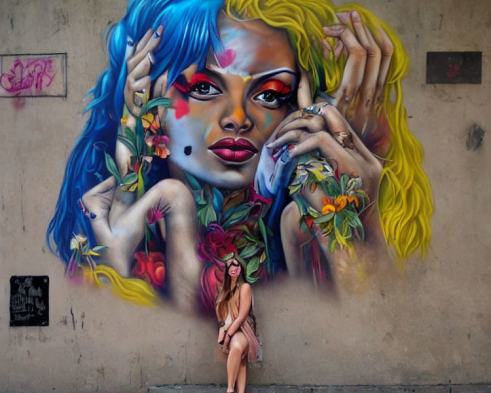 Colorful mural featuring stylized female face with blue and yellow hair.