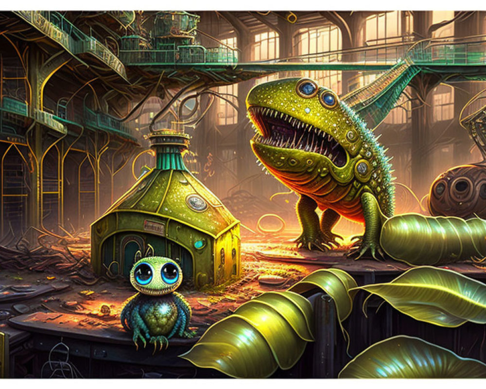 Colorful Dinosaur and Blue Creature in Mechanical Jungle Environment