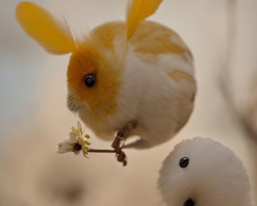 Two fluffy creatures with bird wings and rabbit heads on branches.