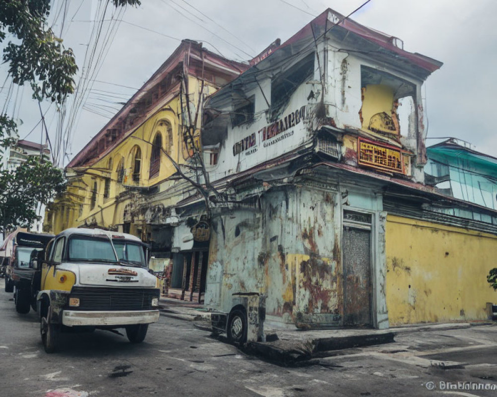 Weathered corner building with peeling paint and parked truck under cloudy sky