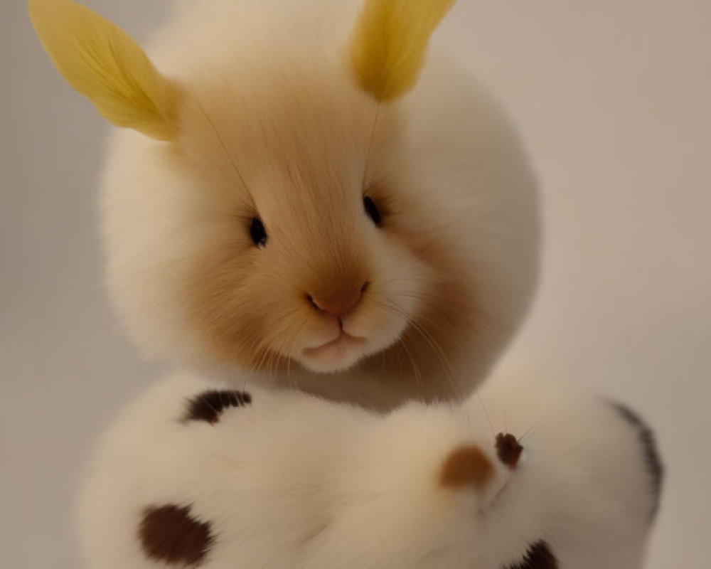 Plush Rabbit Toy with White Body, Beige and Brown Spots, Yellow Ears