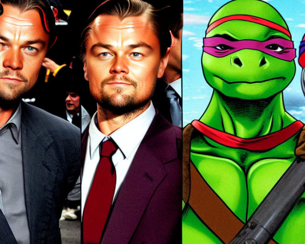 Split image: Man in suit & ninja turtle illustration