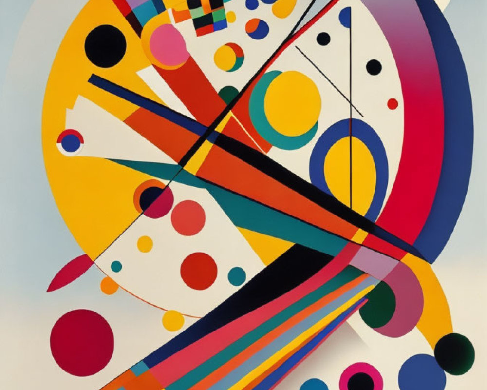 Colorful geometric artwork with circles, squares, lines, and signature "K