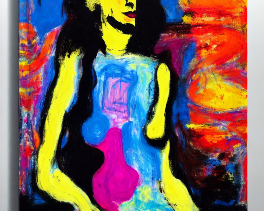 Vibrant Abstract Painting with Stylized Human Figure in Blue and Pink