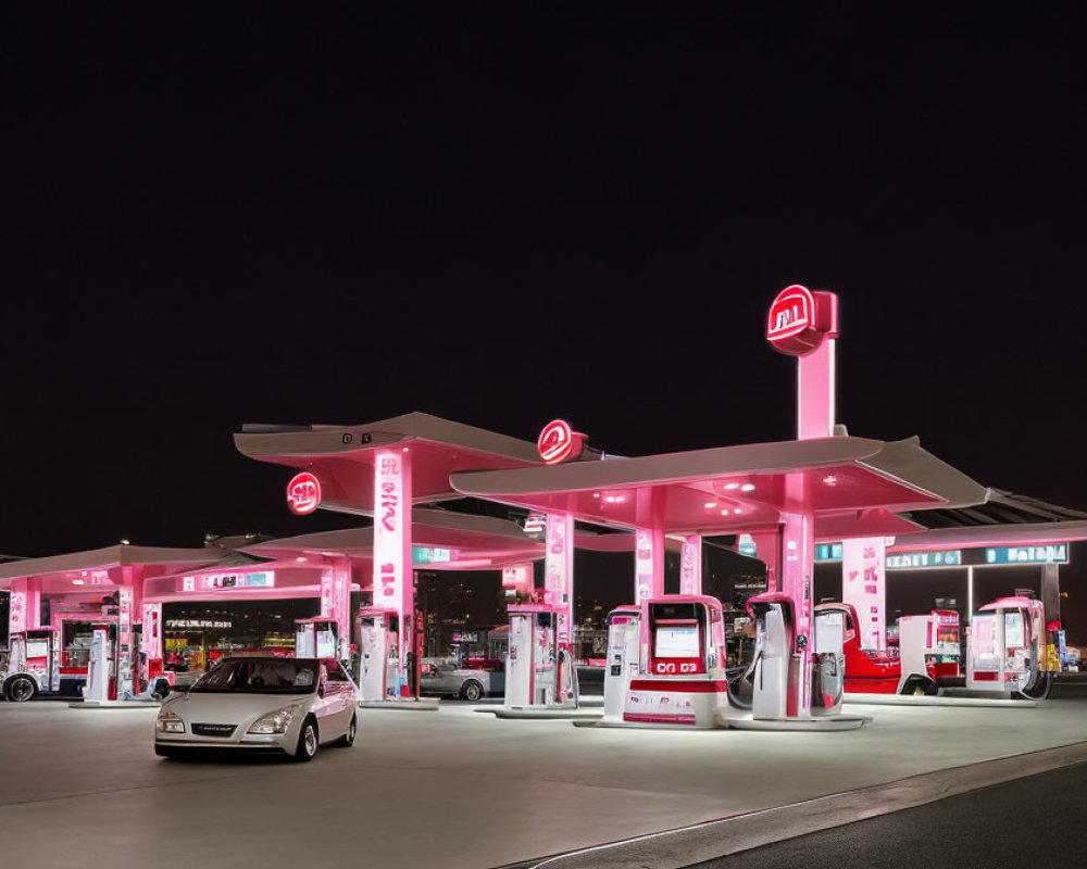 Modern gas station at night with bright lights, fuel pumps, and parked car