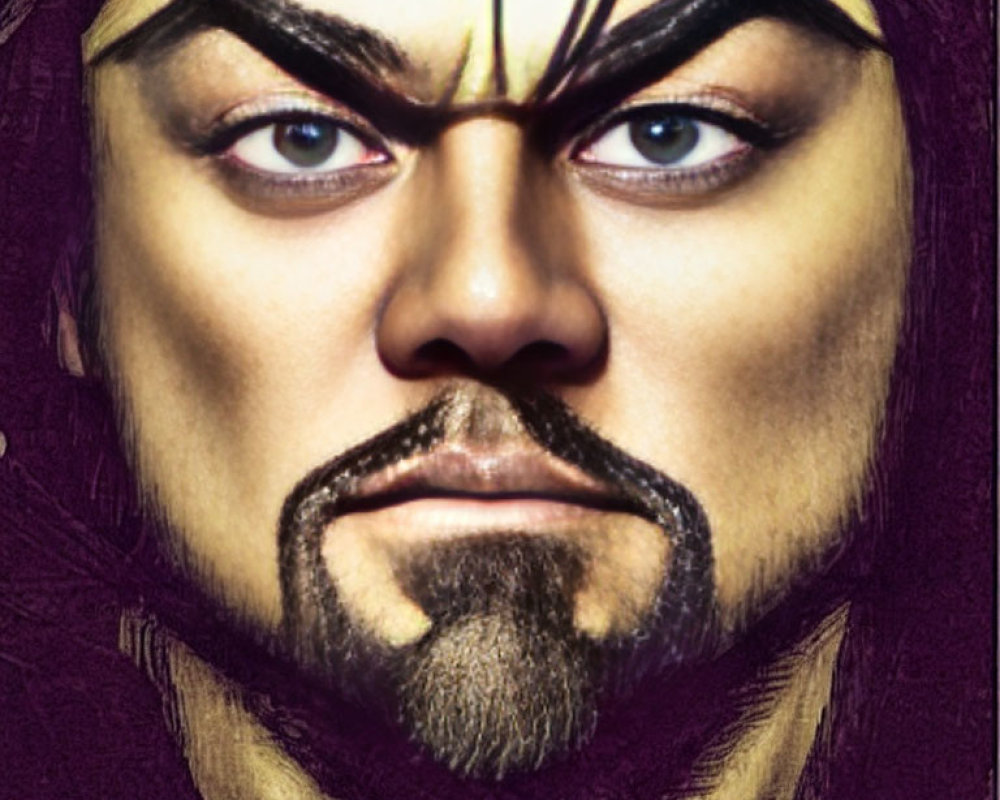 Person with Dramatic Theatrical Makeup: Bold Eyebrows, Goatee, Yellow Headband