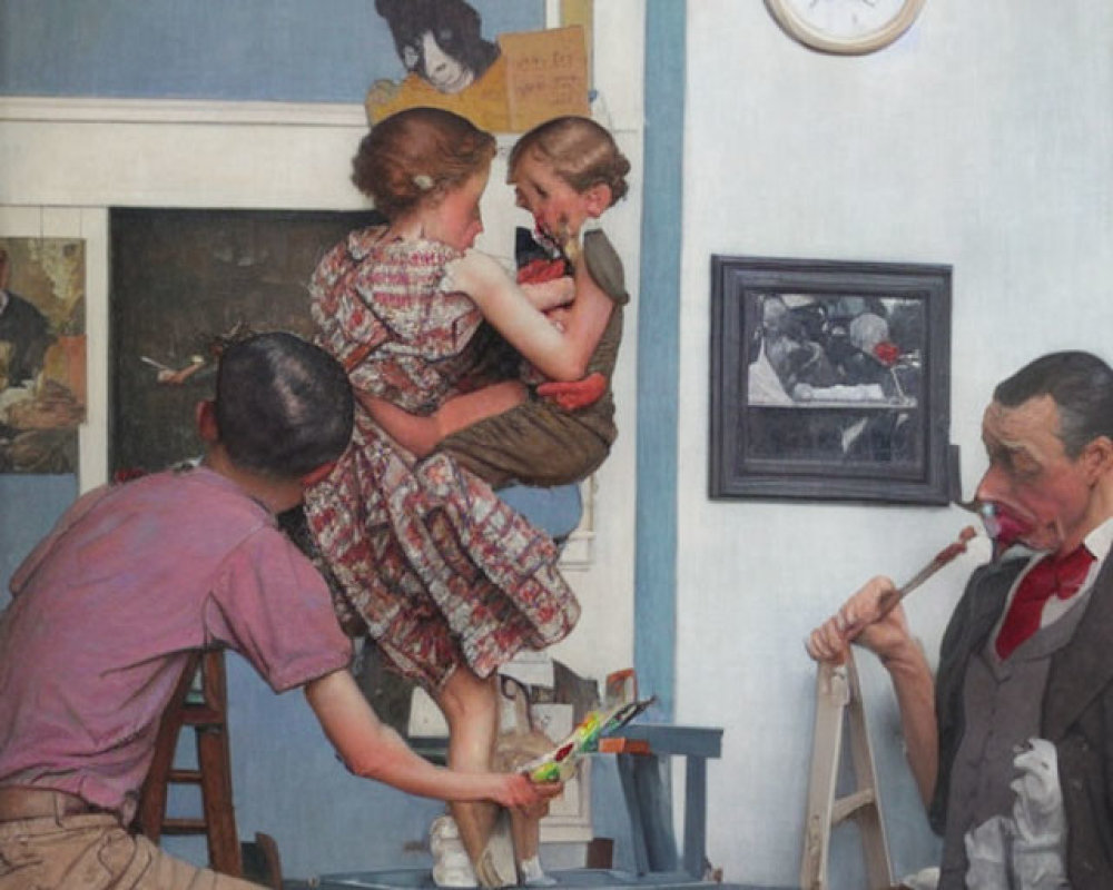 Family portrait with mother, child on ladder, father looking, room with paintings and clock