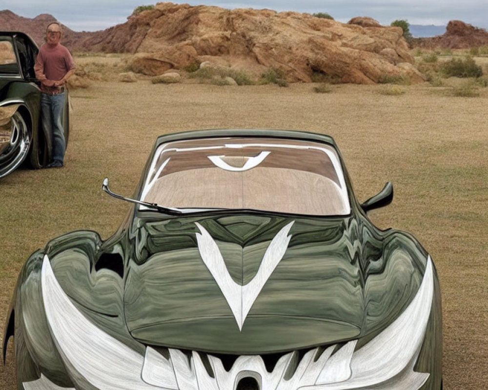 Digitally altered car with monstrous face in desert landscape with man.