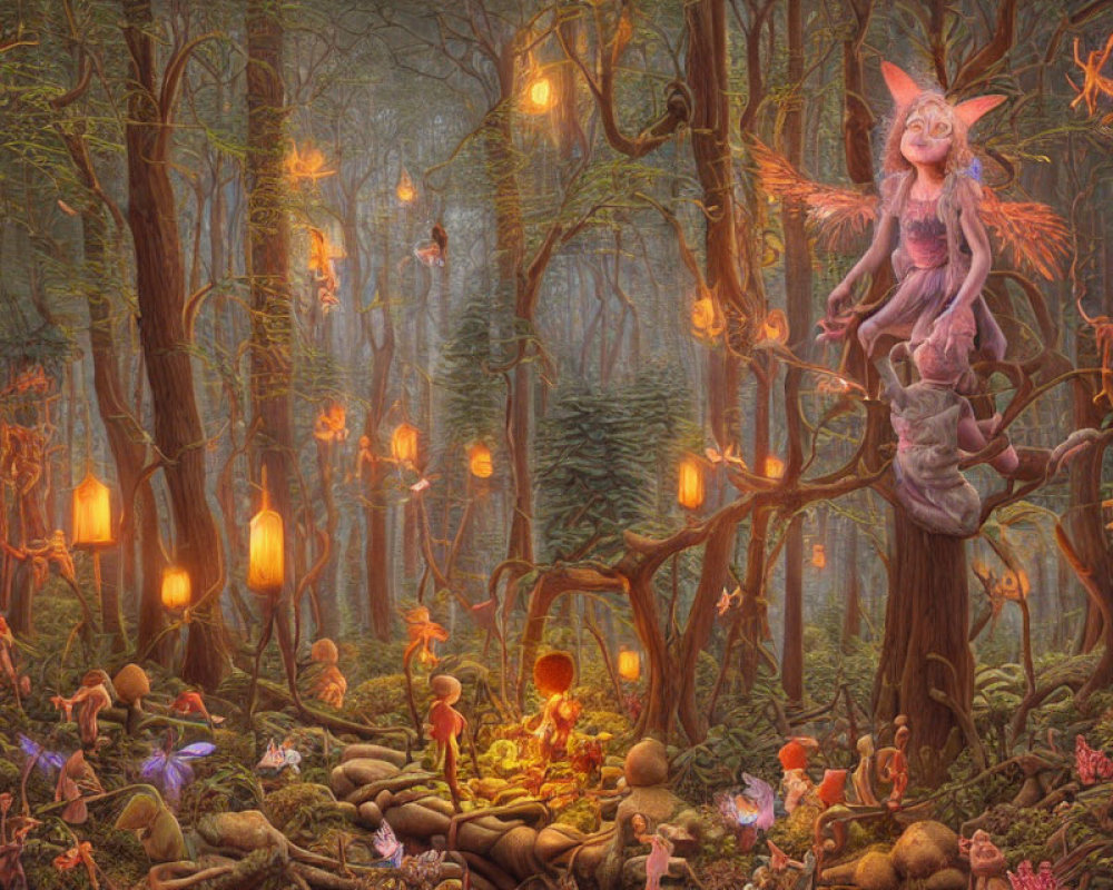 Enchanting fantasy forest with glowing lanterns and mystical creatures