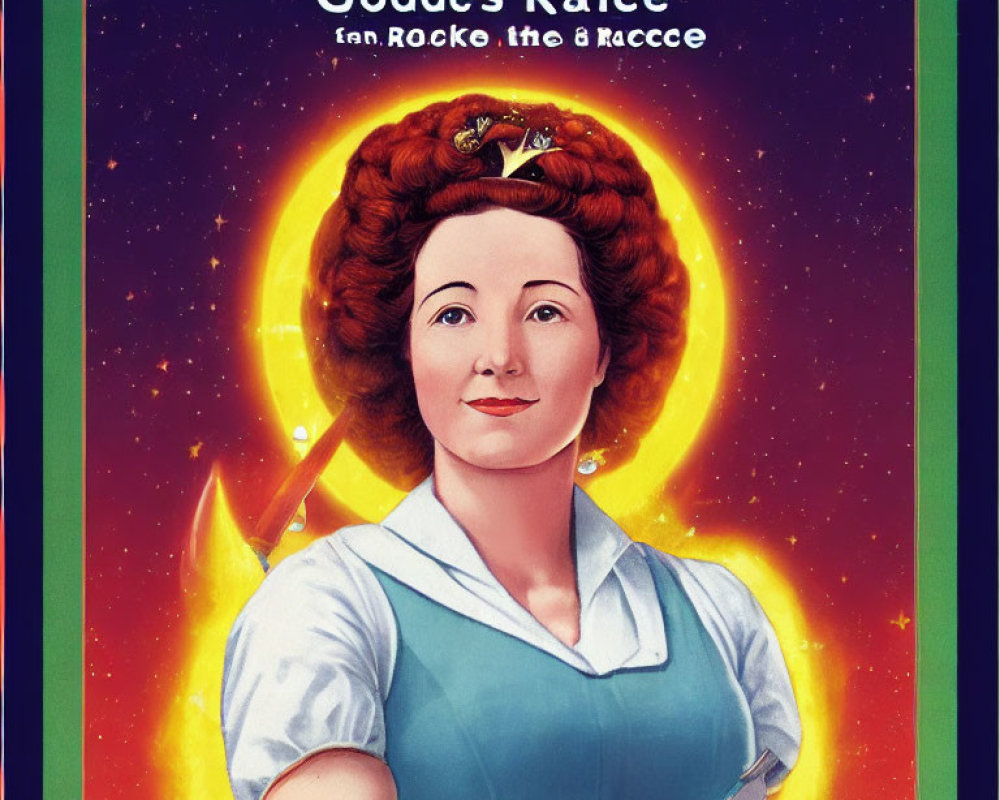 Stylized vintage poster featuring woman with red hairdo and crown in maid's outfit against cosmic backdrop