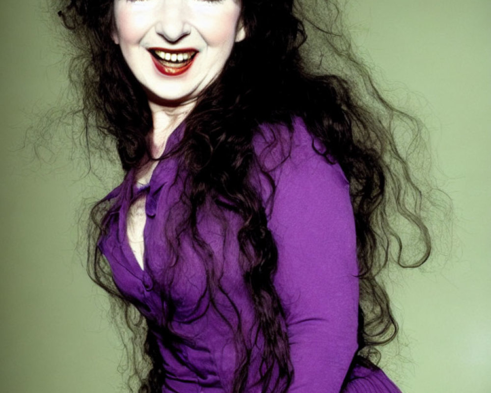 Curly Black Hair Woman Smiling in Purple Dress