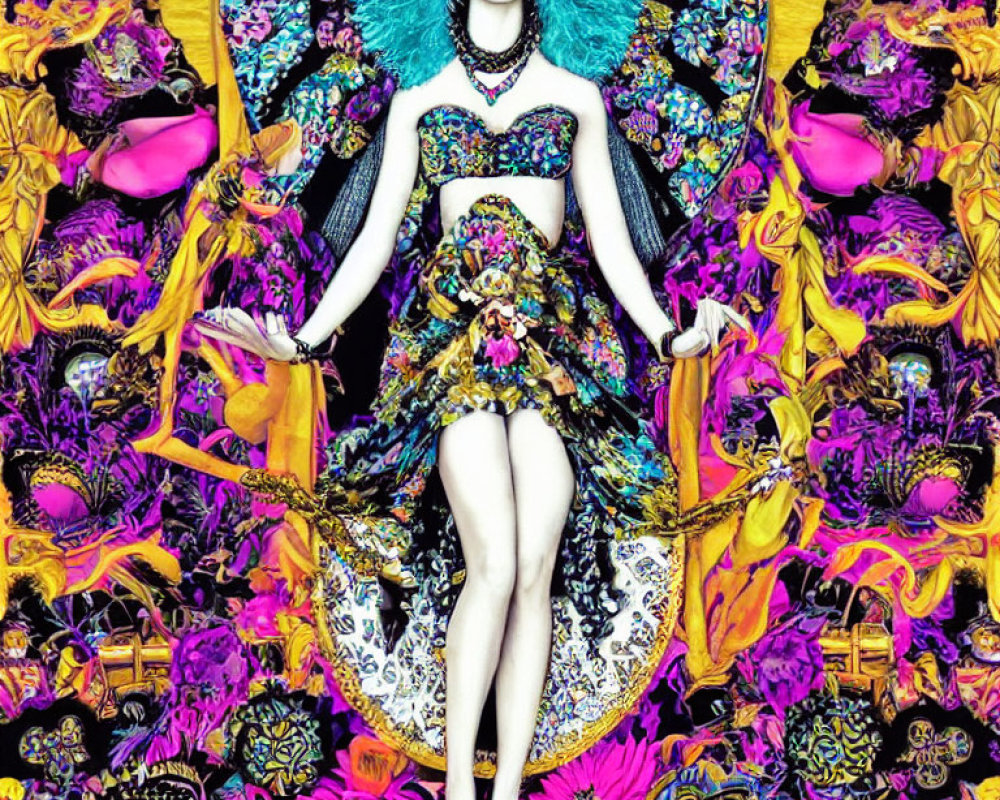 Colorful Psychedelic Image of Woman in Ornate Attire and Floral Designs