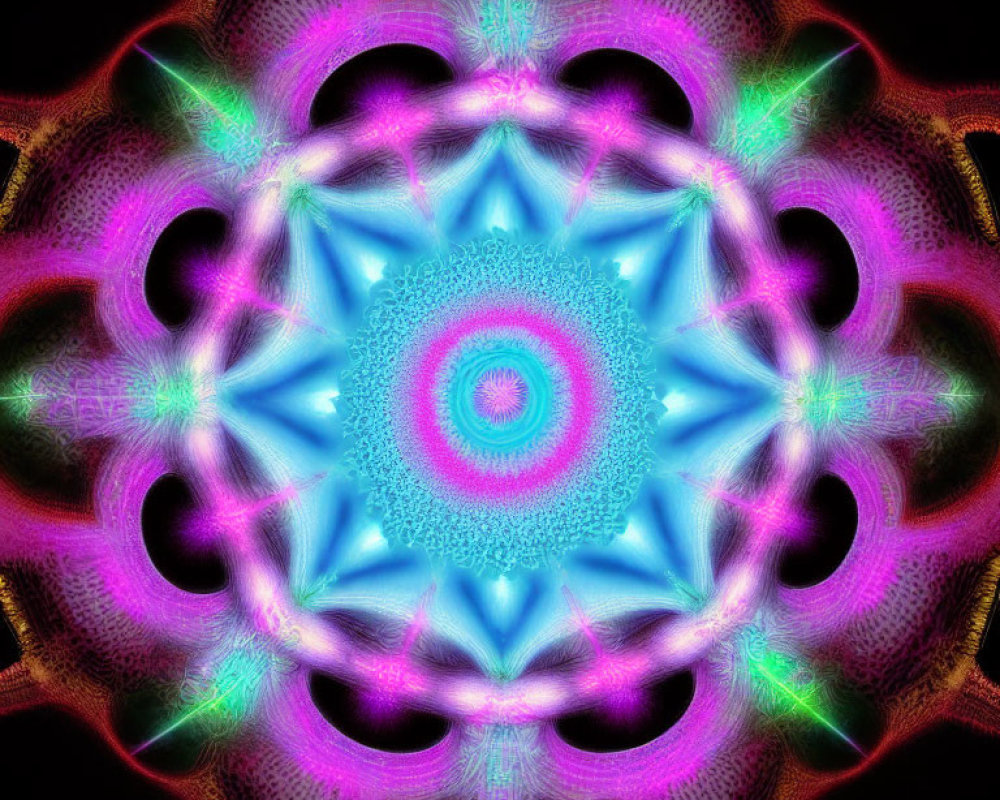 Symmetrical blue star fractal with green and pink designs