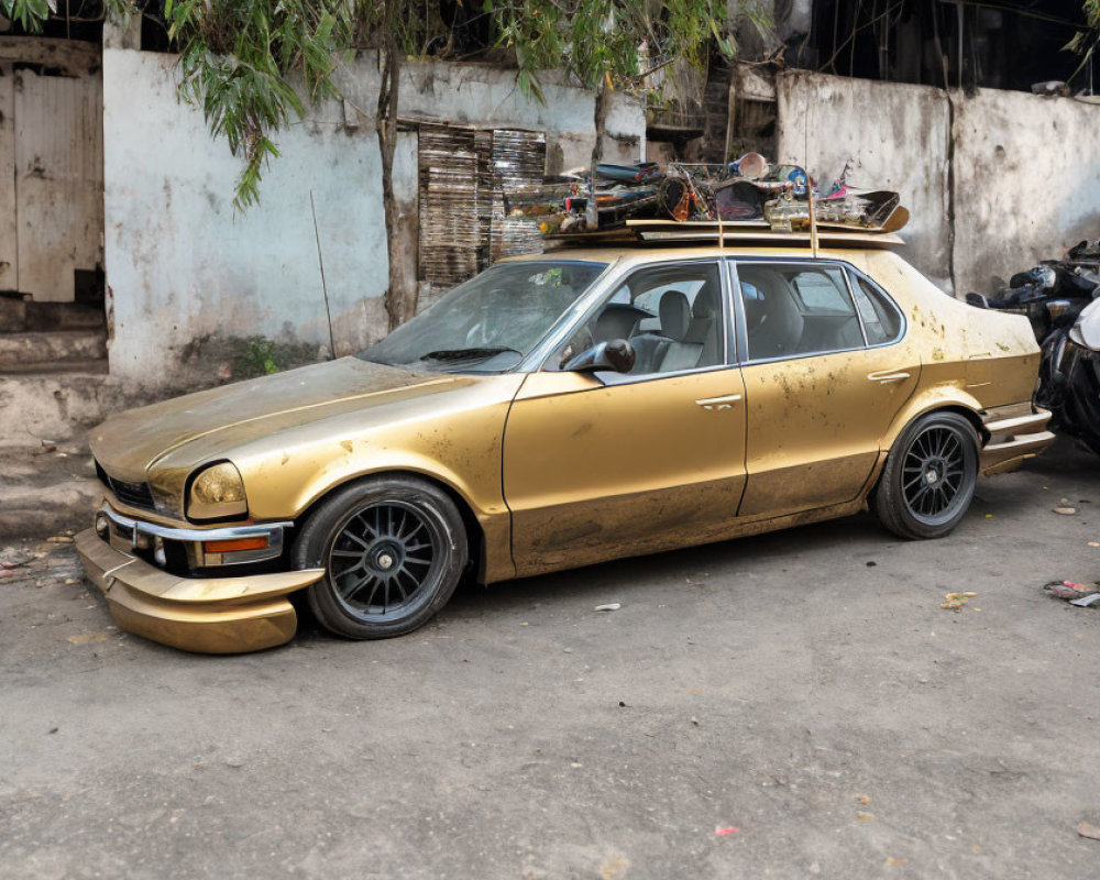 Vintage gold sedan with aftermarket wheels and loaded roof rack parked by worn wall.