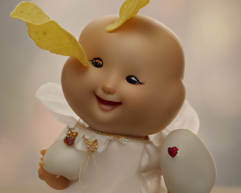 Smiling doll with angel wings and potato chip horns