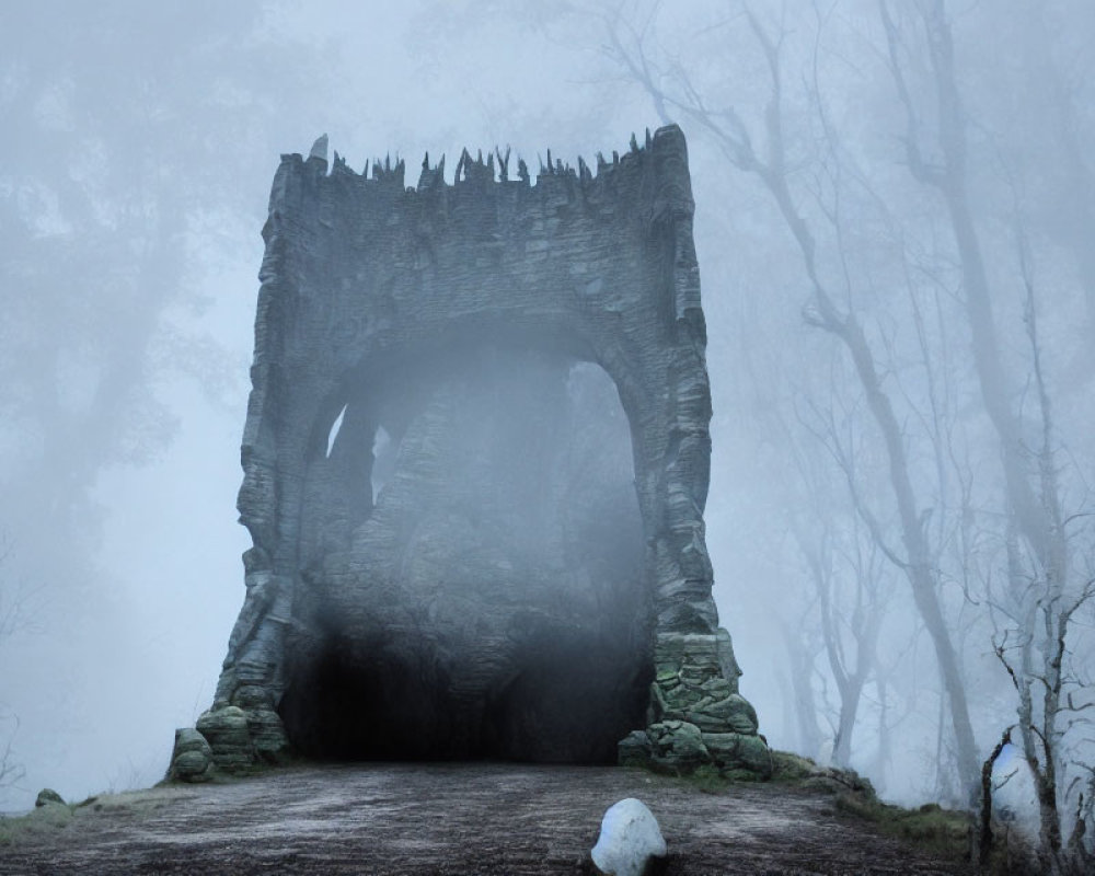 Mysterious Stone Archway in Foggy Forest Setting