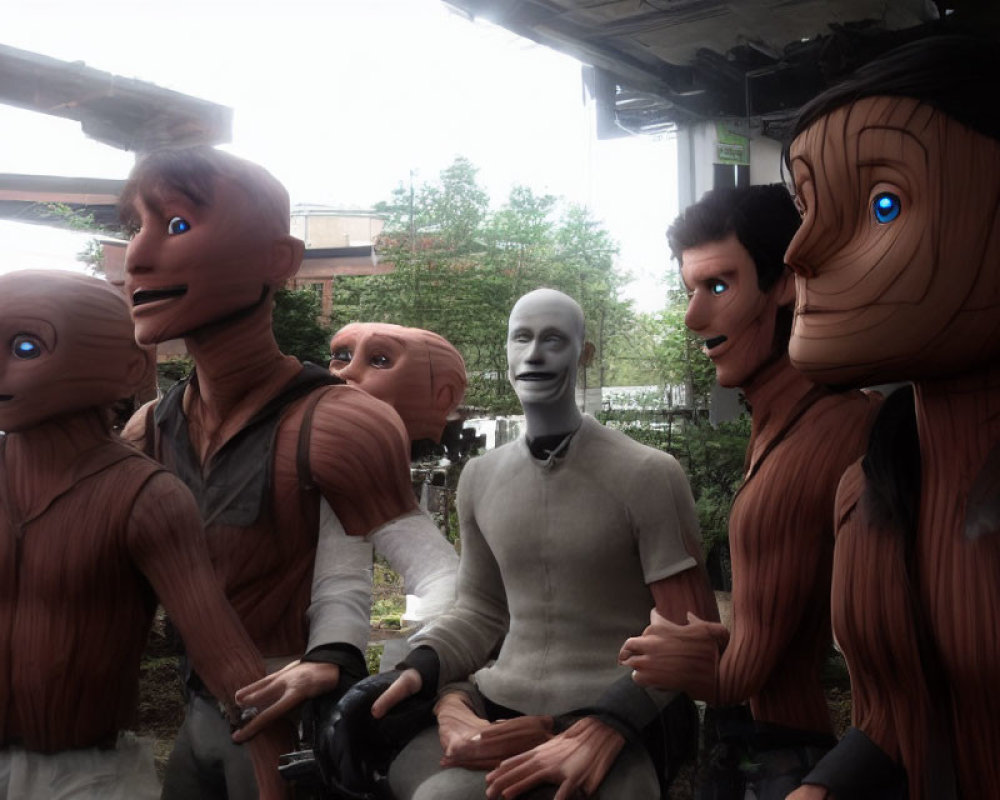 Realistic humanoid robots with diverse facial expressions in a group display advancements in robotics and AI.