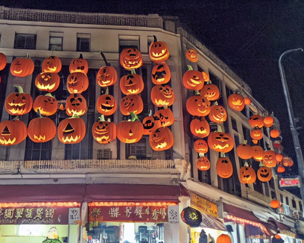 Nighttime street with illuminated jack-o'-lanterns and buildings.