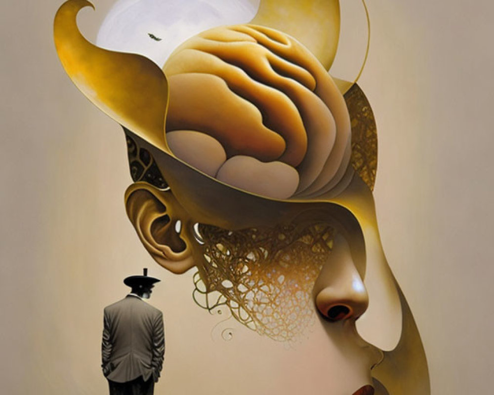 Surreal artwork: large human head with exposed brain, small figure, birds