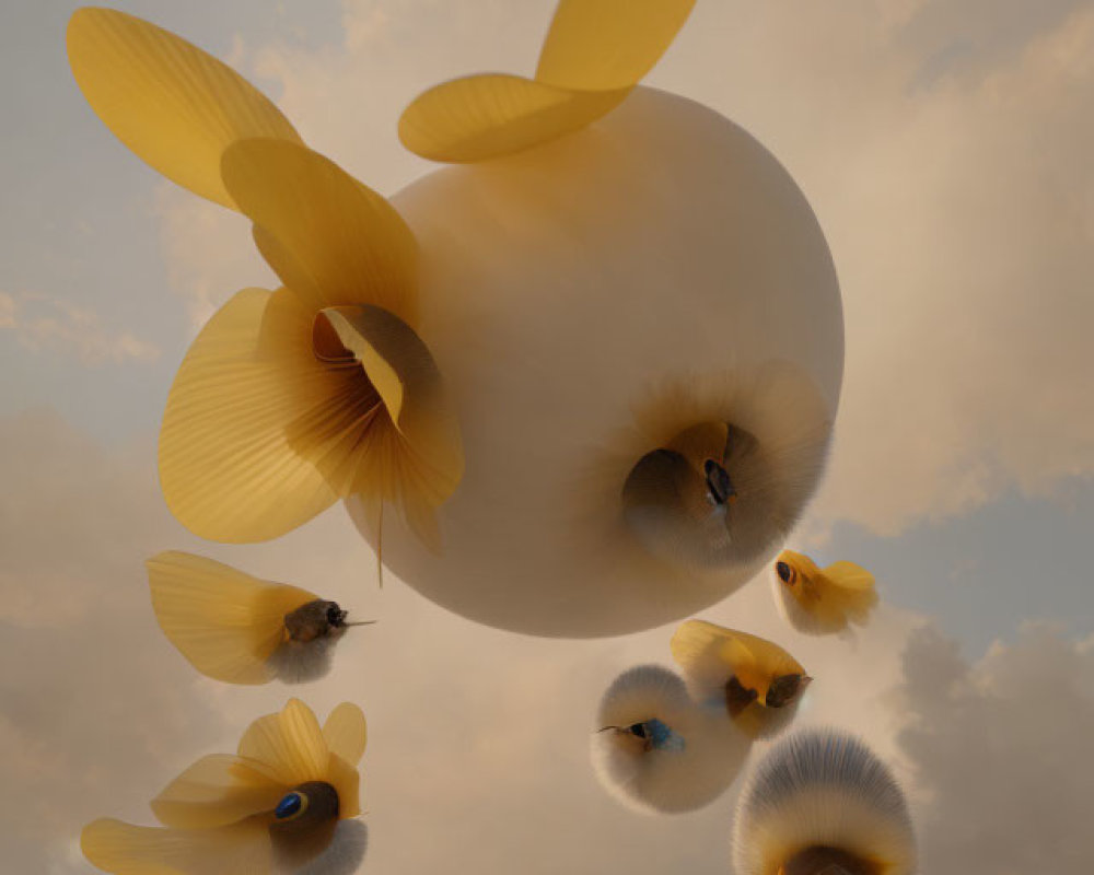 Surreal floating apple-like shape with flower petals wings in cloudy sky