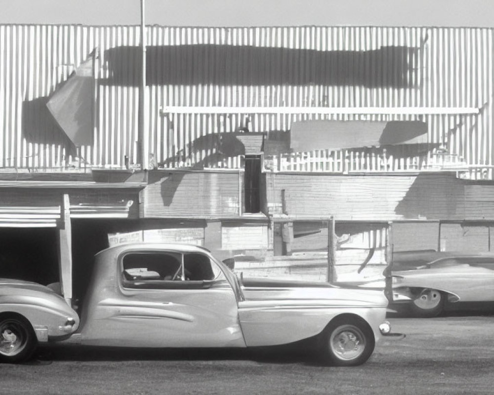 Vintage cars parked in front of peeling facade - black and white photo