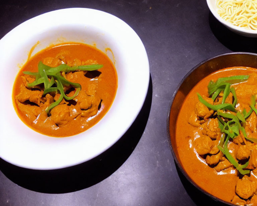 Bowls of Curry with Meat and Green Garnish Next to Noodles on Dark Table