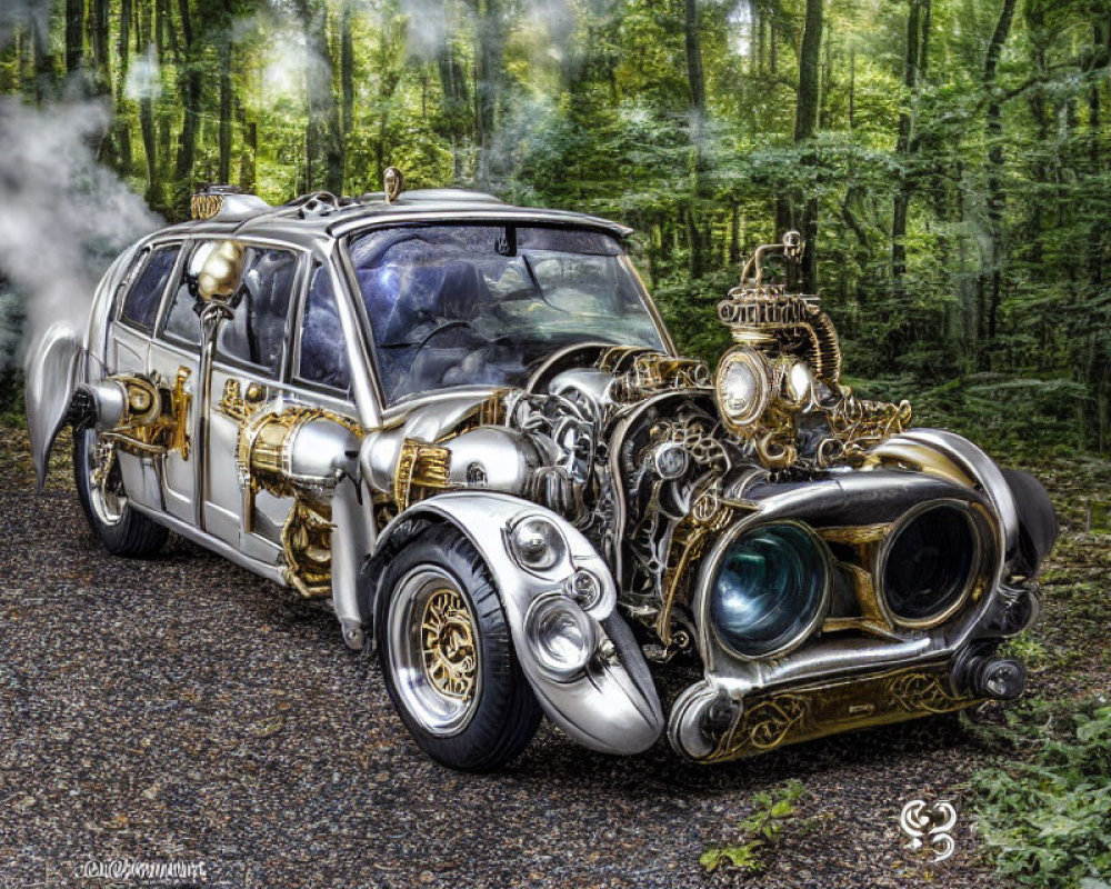 Steampunk-themed car with brass and copper details on forest road