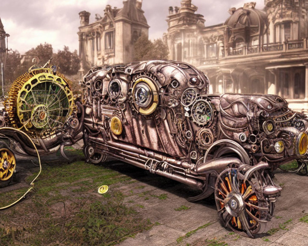 Steampunk-style artwork with mechanical vehicles and old-fashioned buildings.