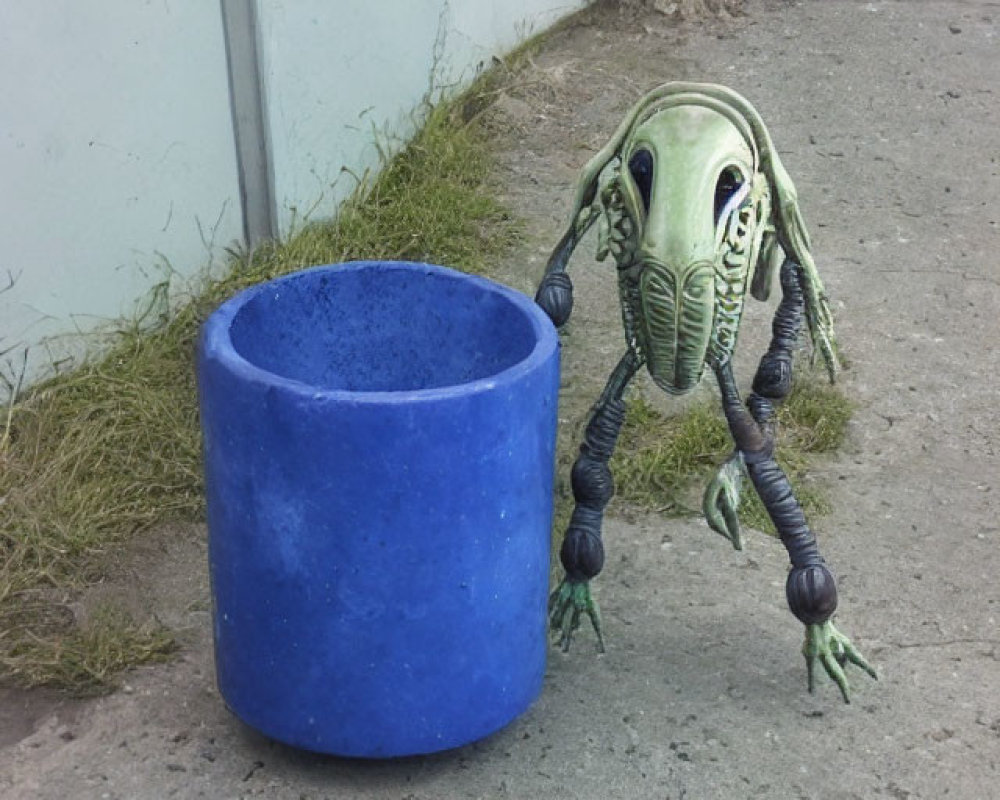 Green alien-like digital creature with mechanical limbs beside blue trash can