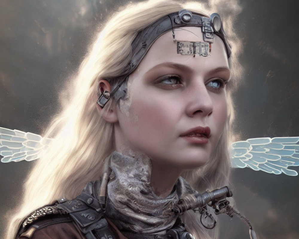 Blonde Woman with Cybernetic Enhancements and Ethereal Wings in Cloudy Sky