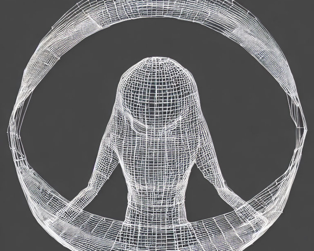 Monochromatic wireframe human figure sitting in circular frame