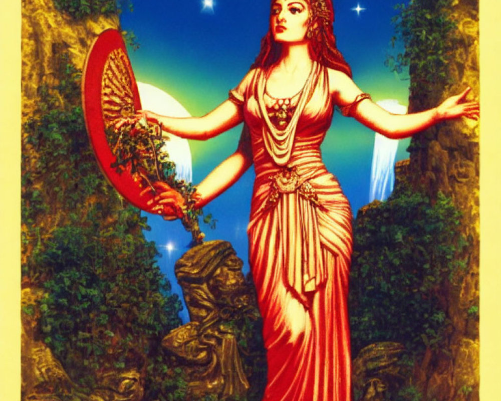 Illustration of goddess with starry background holding sieve in red dress in lush forest