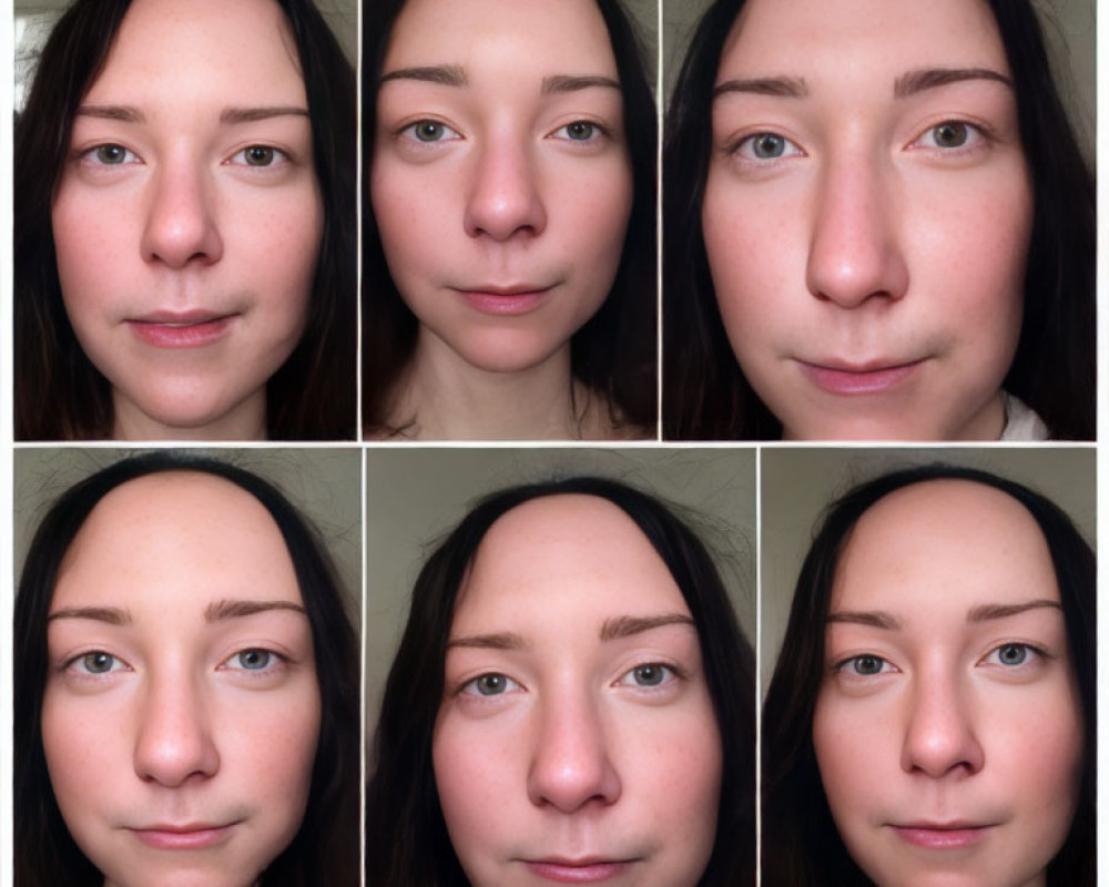 Close-Up Portraits: Woman's Subtle Facial Expressions in 2x3 Grid