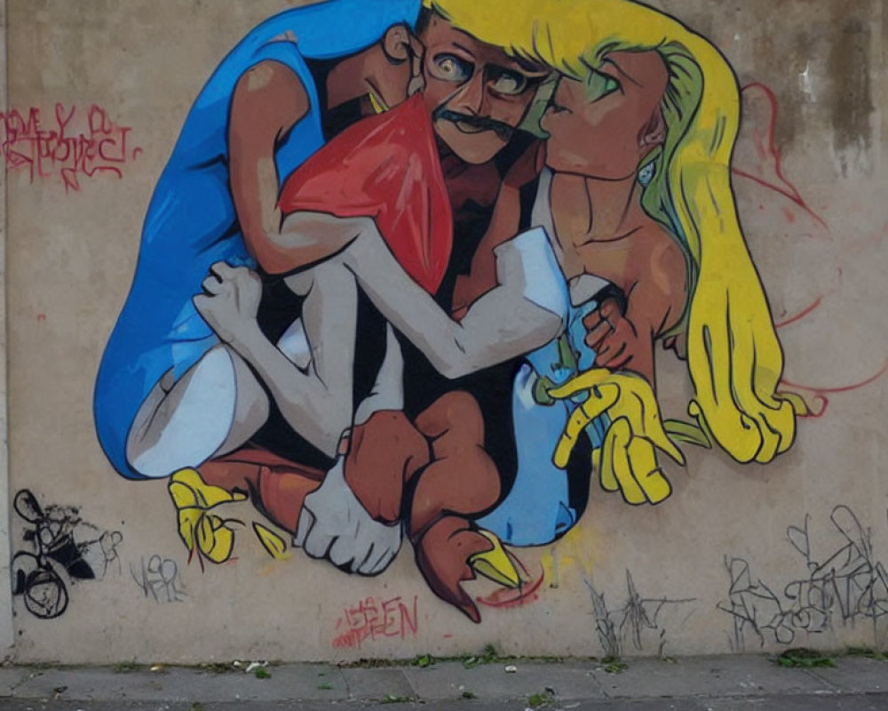 Vibrant street art mural of cartoonish couple on urban wall