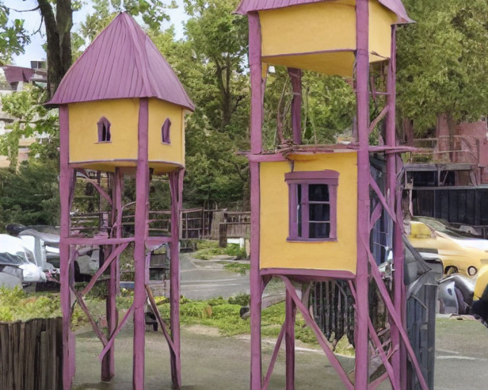 Colorful Playhouses with Purple Roofs on Stilts Amidst Trees and Cars