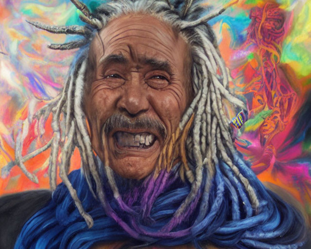 Elderly man with multicolored dreadlocks in vibrant abstract setting